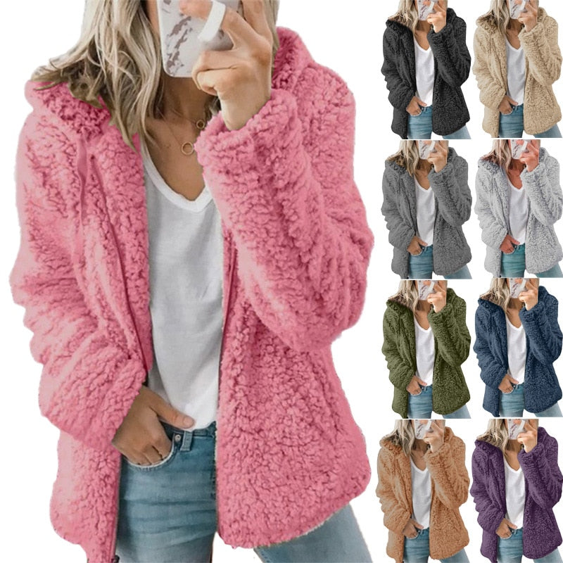 Woman Jacket 2021 Europe New Fashion Long Sleeeve Outfit Hooded Fleece Wool Coat Women Warm